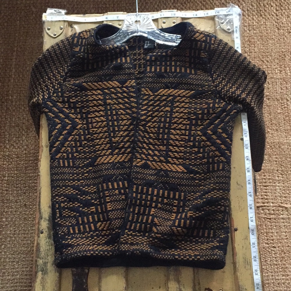 HM H&M STRETCH BOHO PATTERN OPEN WOVEN BLAZER JACKET TAN BLACK TRIBAL SOHO XS - Picture 2 of 13